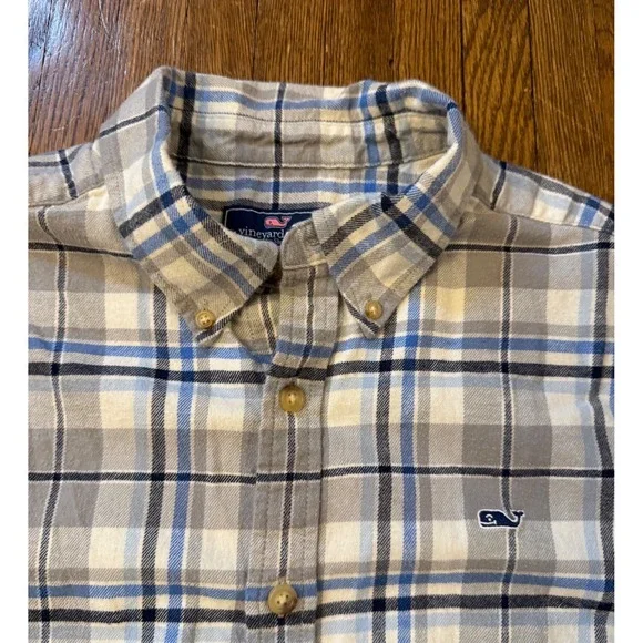 Vineyard Vines Mens Large Plaid Flannel Button Down Shirt Blue Grey Whale Logo - Picture 2 of 7
